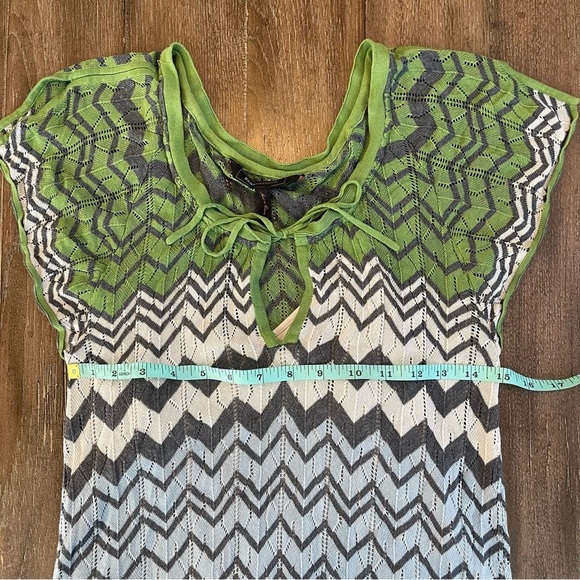 BCBG Knit Mini Dress Open Knit Green Silk Zigzag Grunge Tie Front Fairy Y2K 90’s - Picture 3 of 8